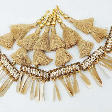Gold Tassels With Long Gold Sequins And White and Gold Seed Pearl Beads, Beaded Thread Tassel Charms, 2 Pcs